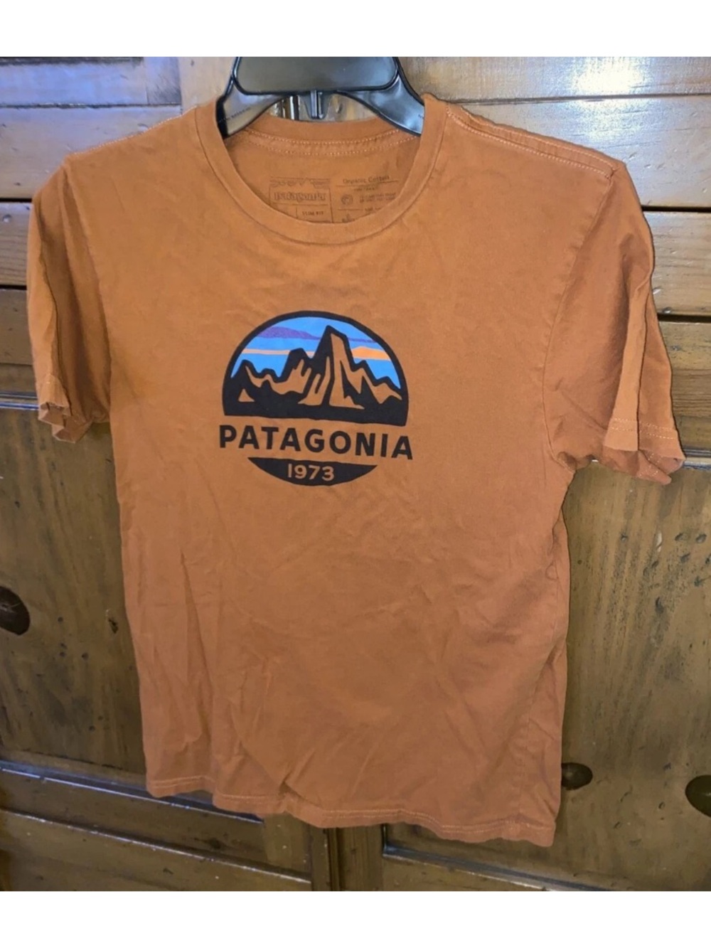Mens Patagonia 1973 Organic Cotton T-Shirt-S-Slim Fit-Rust Orange-Mountain-VGUC!